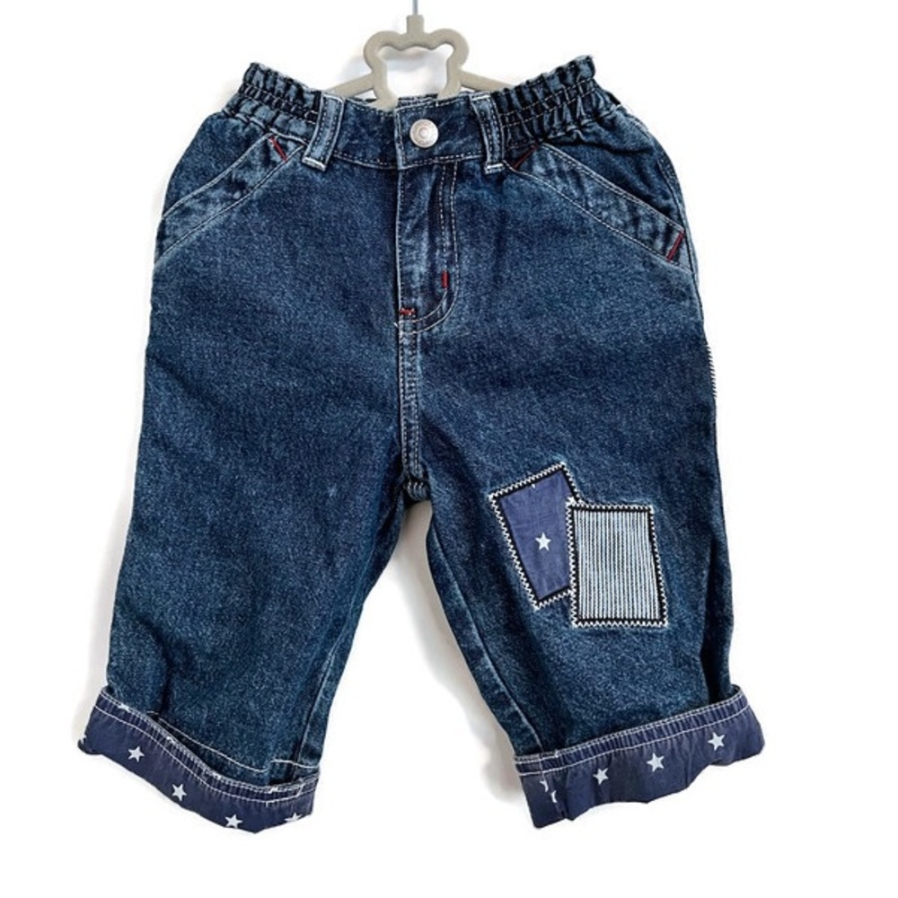 NWT Gap Kids unisex patchwork jeans, size Medium, 6-12 months.